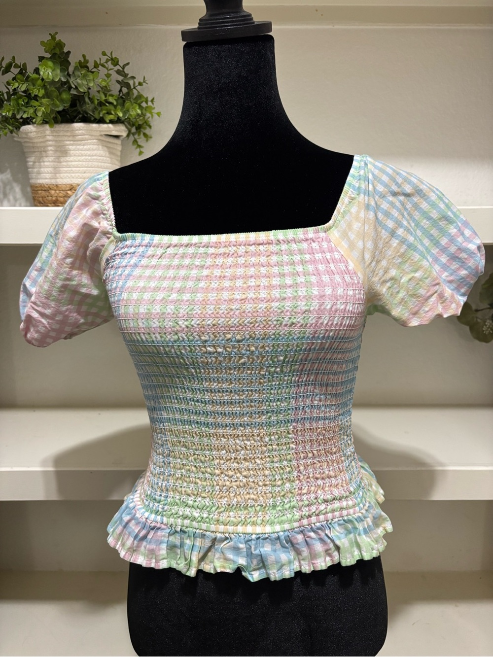 art class Pastel Plaid Smocked Crop Top in Pink, Blue & Green